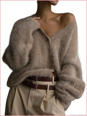 Cozy Fuzzy V-Neck Cardigan Sweater Button Down Fluffy Knit Top